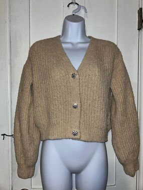 No Boundaries Cropped V-Neck Cardigan - Tan